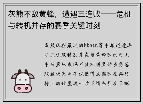 灰熊不敌黄蜂，遭遇三连败——危机与转机并存的赛季关键时刻